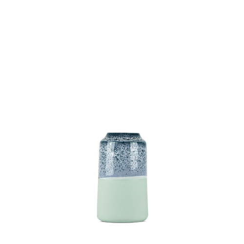 Kontrastvase i grøn med petroleumsblå/hvid glasur #27,1 lille